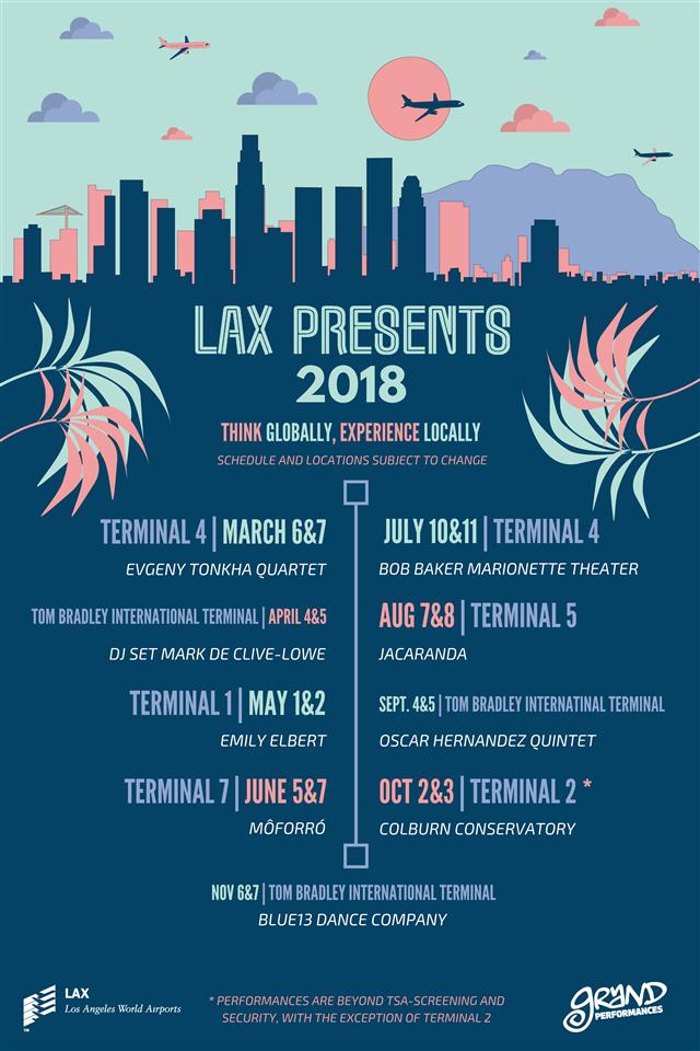 Flier for LAX's 2018 Think Globaly, Experience Locally Event schedule, which includes performs by different groups on various dates and at vrious terminals.