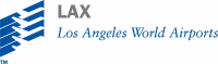 LAX logo with four white planes with jet streams ascending. The word LAX is bold and colored grey, underneath LAX are the words Los Angeles World Airports.