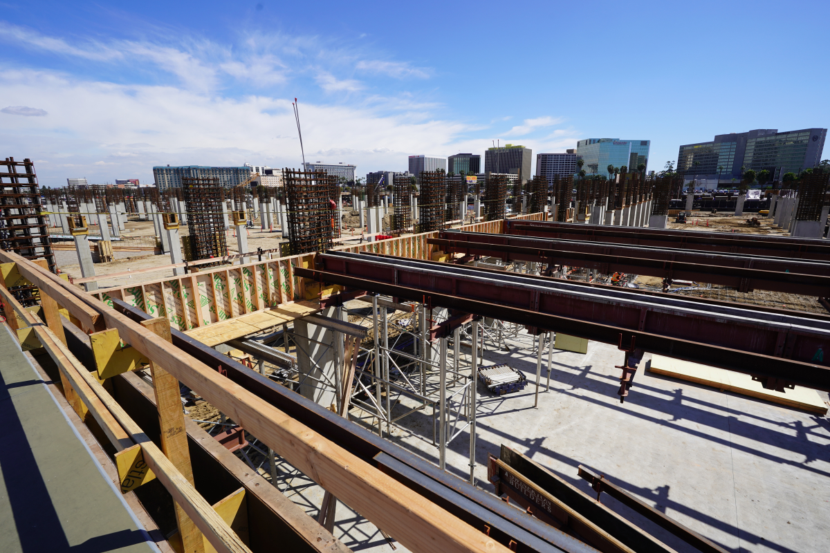 An aerial view from the second level of the Intermodal Transportation Facility – West